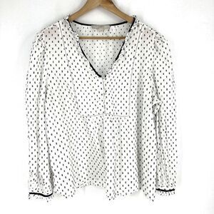 Loft Top Size XL Navy White Swiss Dot Shirt Popover Clip Ruffle Bib Blouse